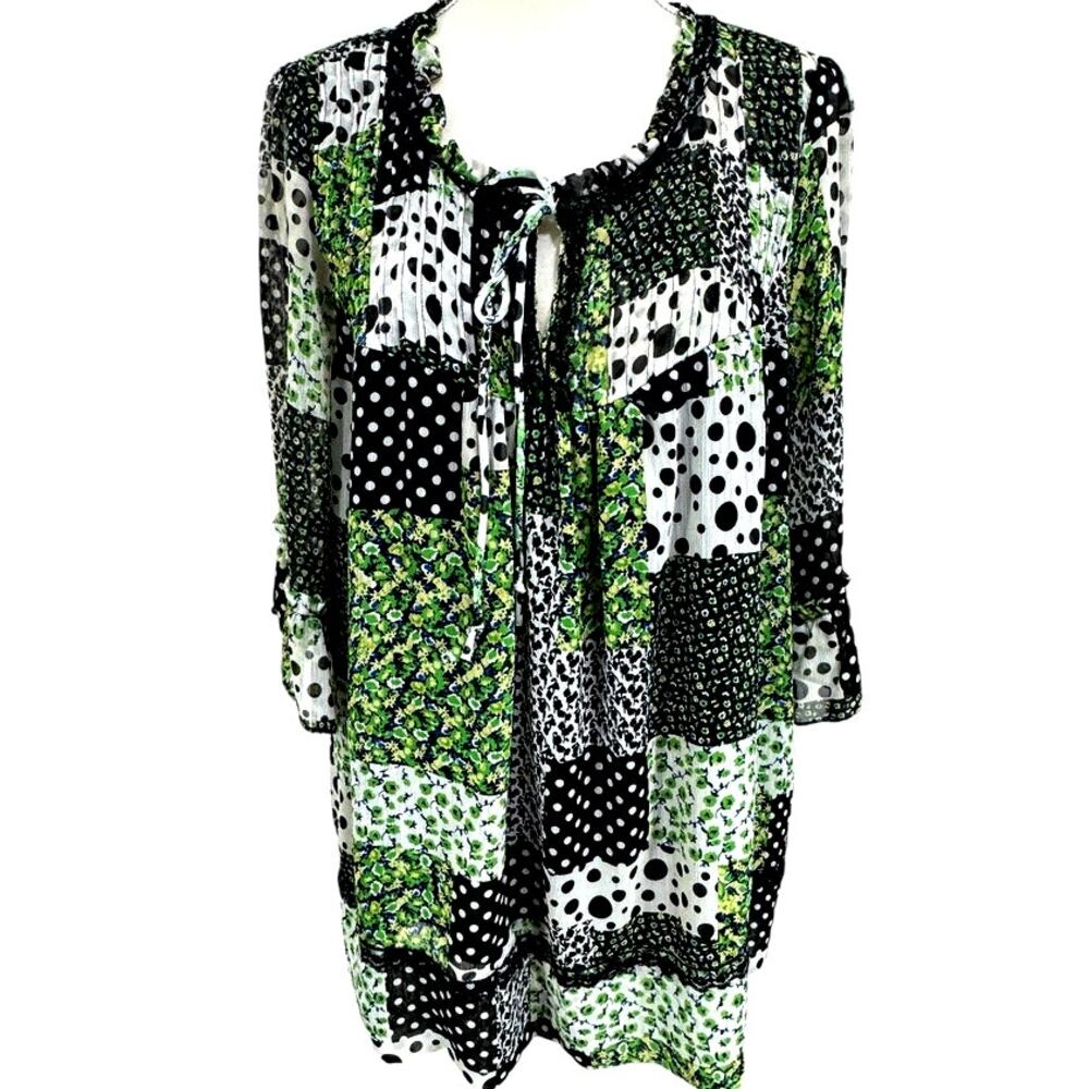 "Notations"‎ Patchwork Sheer Blouse, TIe in Front,Ruffled Sleeves.Artsy,Country